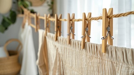 Close-up on clothespins and natural fabric care in a light-diffused room on a drying rope with a soft-focus homey background.