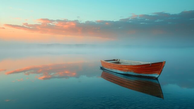 an old wooden fishing boat on a calm lake at dawn, mist rising off the water