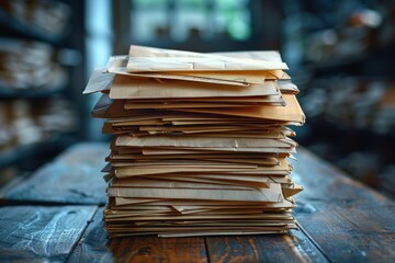 A high stack of old, worn brown paper envelopes on a wooden table, shot with intimate detail and depth of field