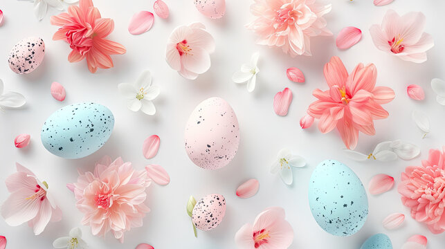 top view easter eggs and pastel flowers isolated on white background