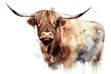 Aquarelle cattle your copy space Scottish Isolated cow horns Highland Bull own Highland illustration text add watercolor