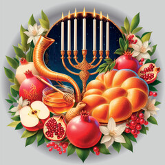 stylized image with pomegranate, apple, shofar, challah, Rosh Hashanah holiday, on a silver background for design