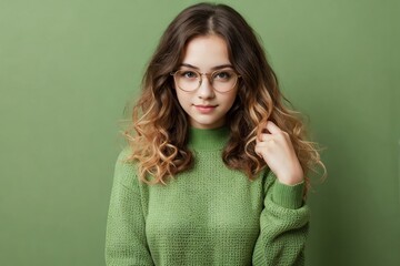 Young beautiful introverted woman with curly long hair, wearing a green sweater and glasses posing on a natural green background with copy space. - obrazy, fototapety, plakaty
