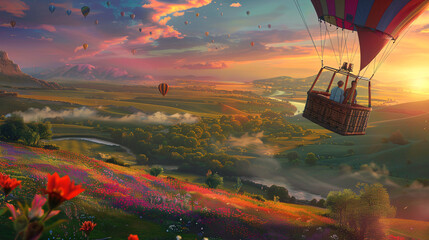 Obraz premium a sunrise hot air balloon ride over rolling hills