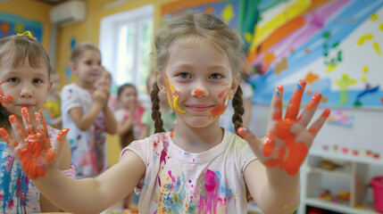 joyful children in kindergarten show palms in paint, hands, little kids, green background, bright colors, space for text, drawing, art, color, red, blue, schoolchildren, playground, Montessori - obrazy, fototapety, plakaty