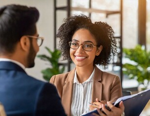 Smiling woman afro manager Interviewing business man applicant In room office