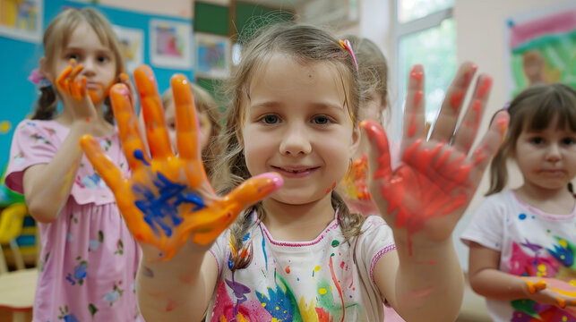 joyful children in kindergarten show palms in paint, hands, little kids, green background, bright colors, space for text, drawing, art, color, red, blue, schoolchildren, playground, Montessori