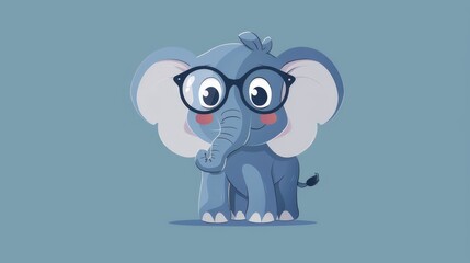 Illustration in flat style, A cute little elephant wearing glasses posed against a studio background