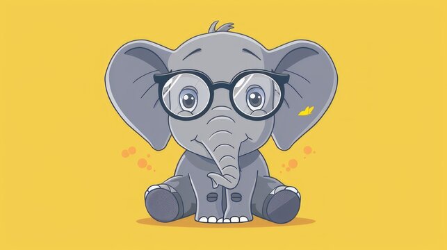 Illustration in flat style, A cute little elephant wearing glasses posed against a studio background