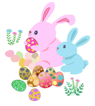 pink rabbit holding eggs and a blue rabbit standing beside Among the many cute colorful Easter eggs in the flower field