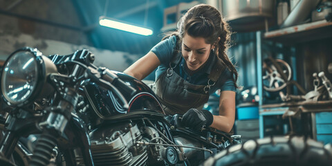 Zweiradmechatronikerin repariert ein Motorrad in der Werkstatt - obrazy, fototapety, plakaty