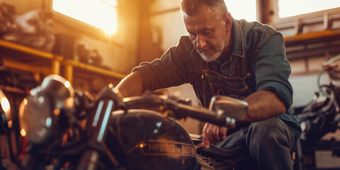 Mann mit seinem Motorrad in der Garage - obrazy, fototapety, plakaty
