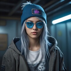 Cute female  cyberpunk hacker with blue colored glasses, in a jacket with a Beanie long grey hair half teeshirt ripped jeanscyberpunk 2077 poster art - obrazy, fototapety, plakaty