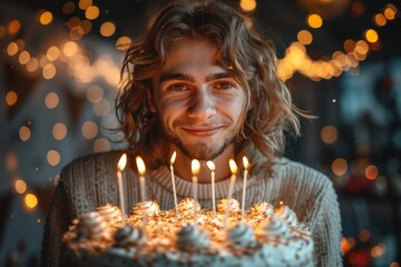 A joyful young man with a birthday cake and lit candles in front of him, happy atmosphere with warm glow