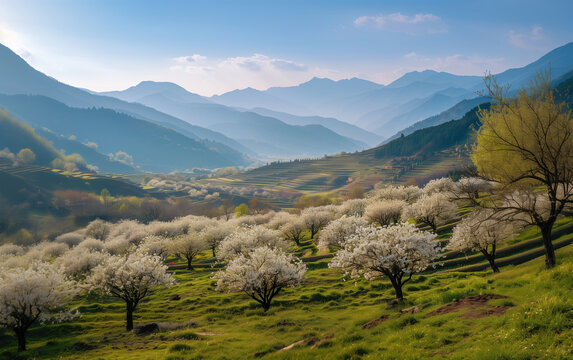 Pear blossom scenery in Jinchuan City, Sichuan Province, China,created with Generative AI tecnology.