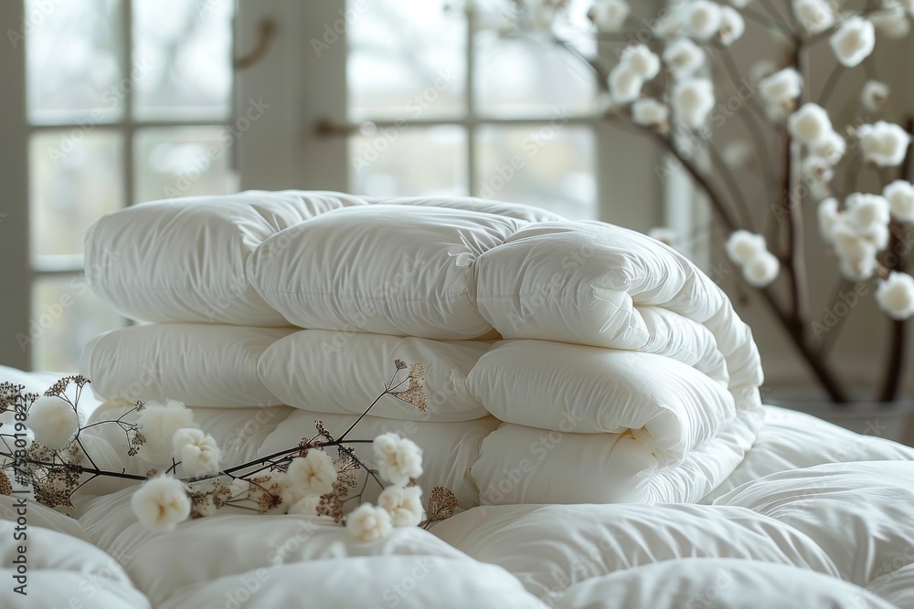 Poster cozy bedroom setting with a stack of soft white comforters piled up, creating a sense of warmth and 