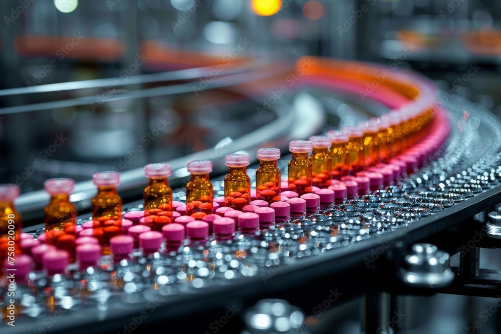 Poster a high-resolution image capturing the precision and scale of a pharmaceutical production line with v