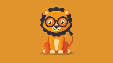 Illustration in flat style, A cute little lion wearing glasses posed against a studio background