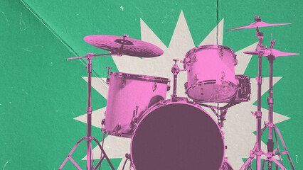 Drums set in pink color over green background. Live performance of expressive music band. Concept of music, festival, creativity, retro and vintage. Creative design