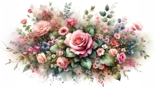 Watercolor painting of a Bouquet of Pink Roses
