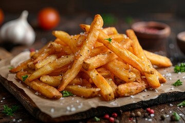 An appealing close-up shot of seasoned golden French fries, garnished with parsley on a rustic wooden backdrop