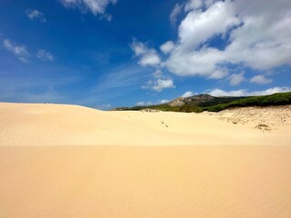 view of the beautiful dune landscape with mountains in the background, Dunes of Bolonia, Costa de la Luz, Andalusia, Cadiz, Spain
