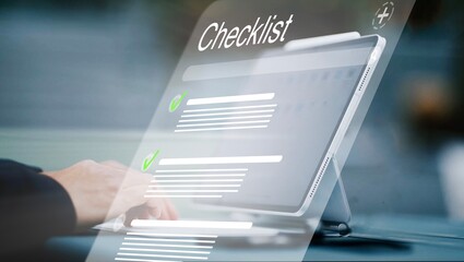 fictional checklist software with a checklist and checked off points hovering as a hologram in...