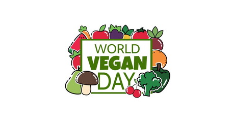 Image of world vegan day over globe on white background