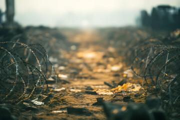 Barbed wire on war front line. - obrazy, fototapety, plakaty