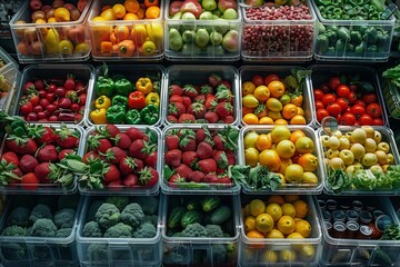 An array of fresh, colorful fruits and vegetables neatly organized on supermarket shelves