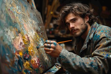 Young male artist with curly hair intently painting on a large canvas in a creative, messy studio