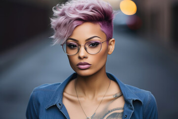 Urban chic woman with lavender pixie cut, septum piercing, and oversized glasses, exuding cool confidence.