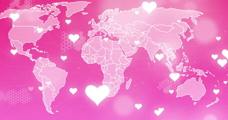 Image of world map over pink background