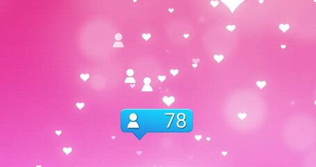 Image of profile icon with increasing numbers over multiple heart icons against pink background