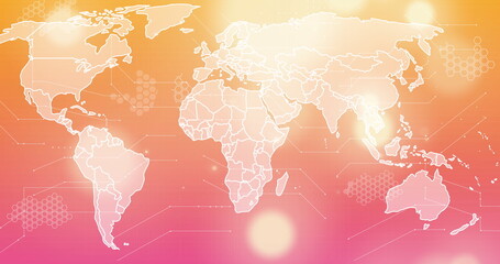 Image of world map over light spots on orange background