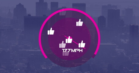 Image of like icons and speedometer over cityscape