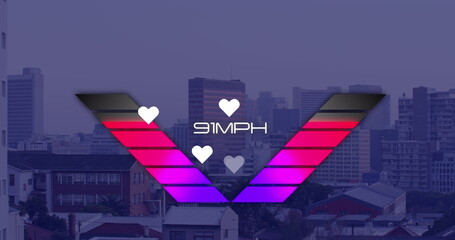 Image of speedometer and hearts over cityscape