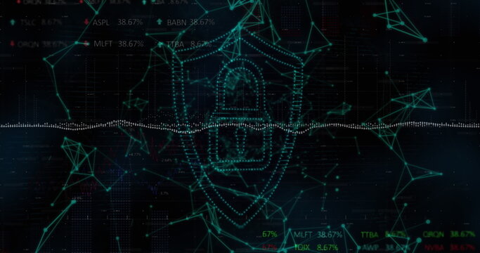 Security padlock shield icon over network of connections against stock market data processing