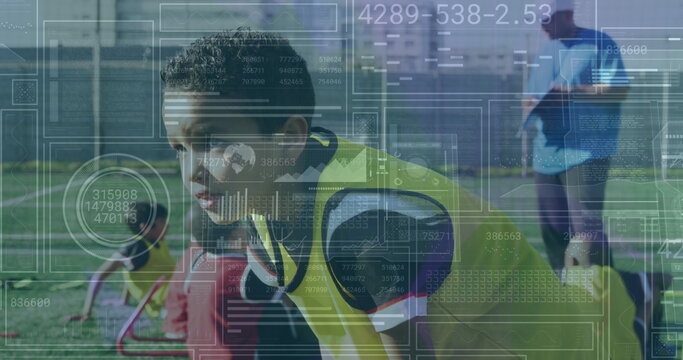 Image of data processing over diverse male basketball players at gym