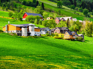 Mountains and Fiord over Norwegian Village in Olden, Innvikfjorden, Norway