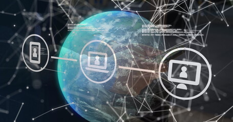 Image of network of connections with icons and globe with data over man using smartphone