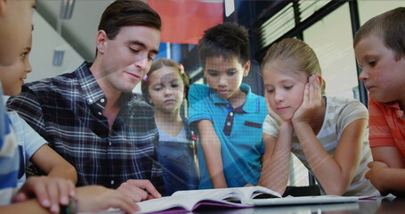 Image of data processing and padlock over caucasian male teacher with diverse schoolchildren