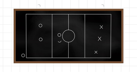 Image of football game strategy drawn on black chalkboard against squared lined paper background