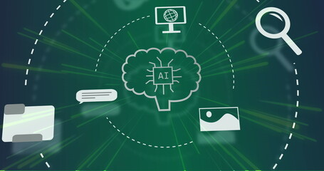 Image of ai data processing and icons over green background