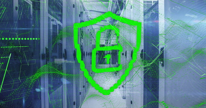 Image of online security padlock and data processing over computer servers