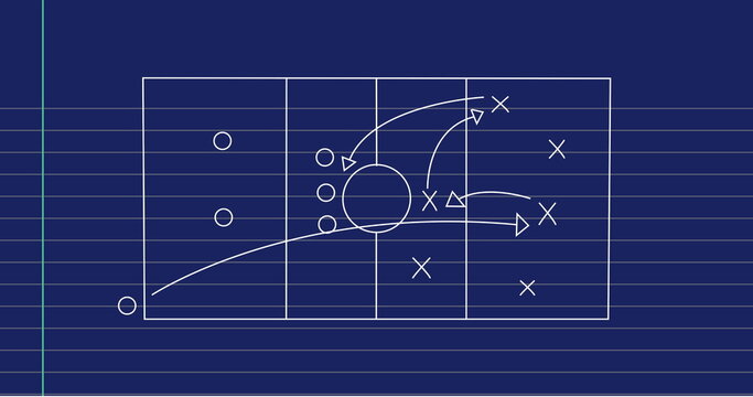 Image of football game strategy plan against blue lined paper background