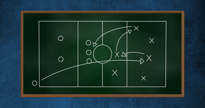 Image of football game strategy drawn on green chalkboard against blue textured background