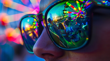 a pair of sunglasses on a party girl reflecting the vibrant colors of a summer festival