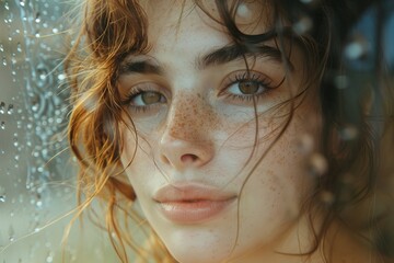 Intimate portrait of a girl with freckles, wet hair, and water droplets on glass