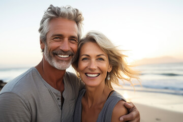 Obraz premium Joyful mature couple sharing a happy moment on the beach at sunset.